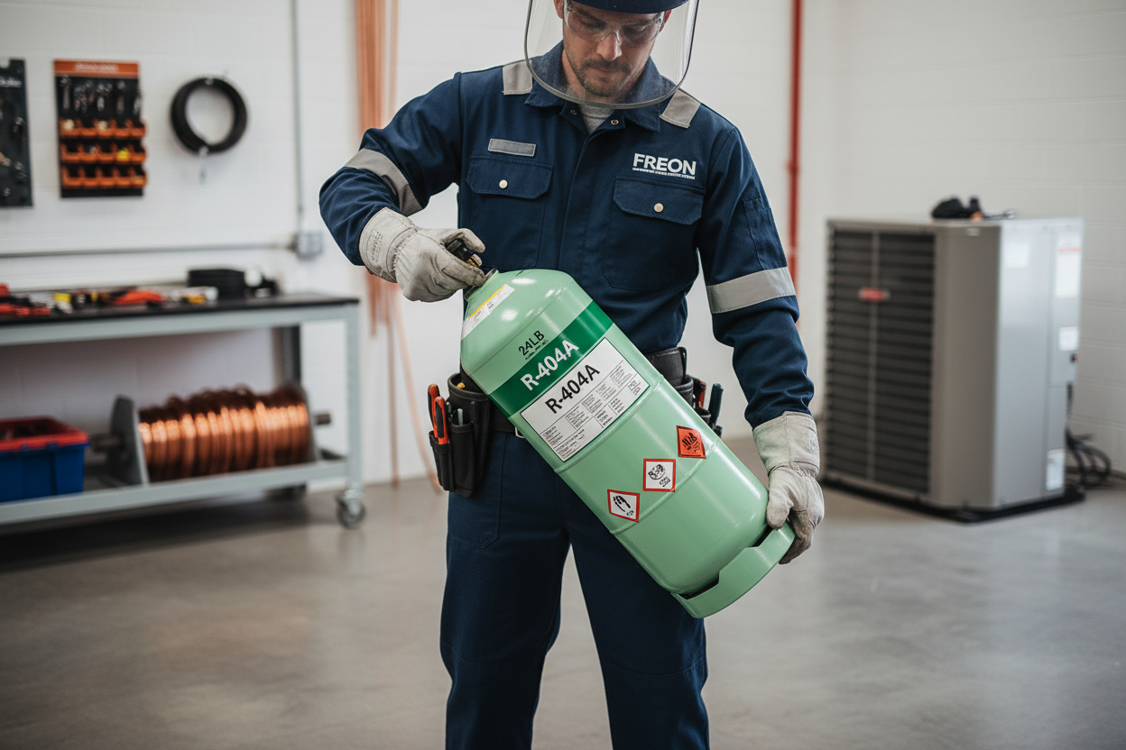 worker handling a 24LB R404A R-404A Freon Refrigerant Gas for home page attract clients
